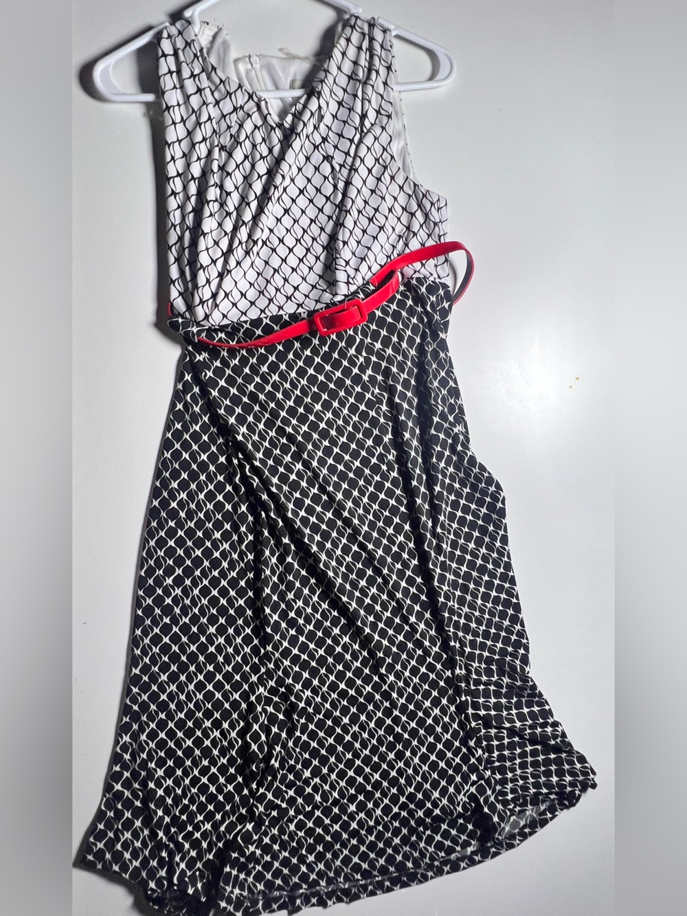 NorthStyle Black & White Geometric A-Line Dress with Red Trim